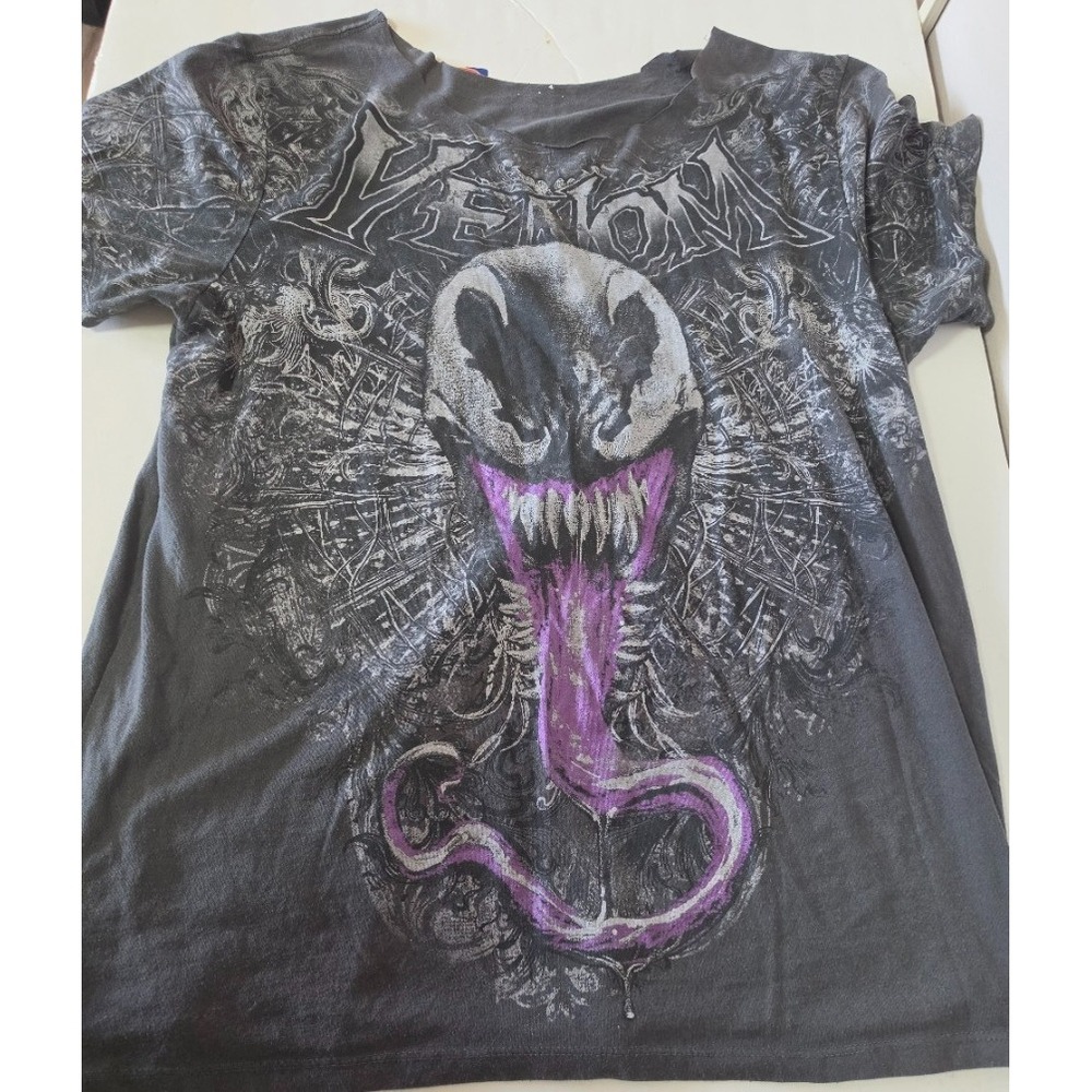 Marvel Venom Graphic T Shirt Mens L Gray Superhero -Altered Neckline *READ DESC*